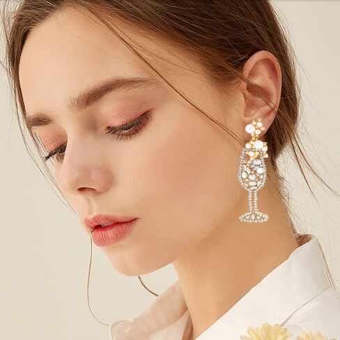Champagne Wine Glass Dangling Stud Earrings Crystal Cubic Zirconia Pearl Cocktail Cup Dangle Charm Drop Earring Fashion Jewelry Gifts for Women Girls Daughter Sensitive Ears in Saudi Arabia