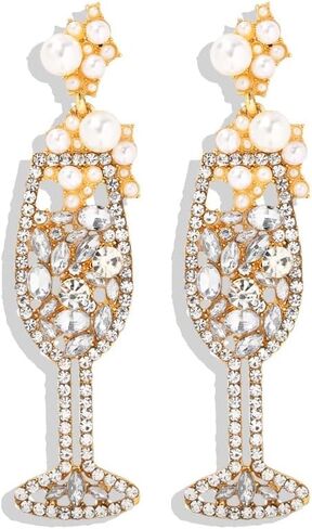 Champagne Wine Glass Dangling Stud Earrings Crystal Cubic Zirconia Pearl Cocktail Cup Dangle Charm Drop Earring Fashion Jewelry Gifts for Women Girls Daughter Sensitive Ears in Saudi Arabia