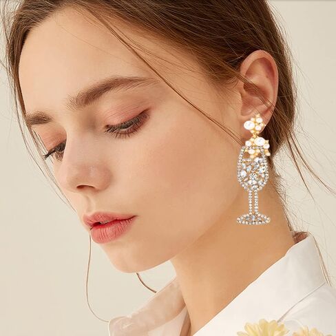 Champagne Wine Glass Dangling Stud Earrings Crystal Cubic Zirconia Pearl Cocktail Cup Dangle Charm Drop Earring Fashion Jewelry Gifts for Women Girls Daughter Sensitive Ears in Saudi Arabia