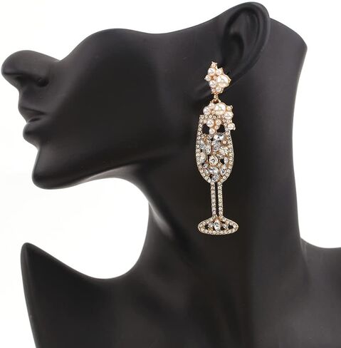 Champagne Wine Glass Dangling Stud Earrings Crystal Cubic Zirconia Pearl Cocktail Cup Dangle Charm Drop Earring Fashion Jewelry Gifts for Women Girls Daughter Sensitive Ears in Saudi Arabia