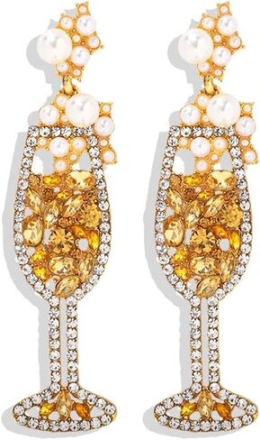 Champagne Wine Glass Dangling Stud Earrings Crystal Cubic Zirconia Pearl Cocktail Cup Dangle Charm Drop Earring Fashion Jewelry Gifts for Women Girls Daughter Sensitive Ears in Saudi Arabia