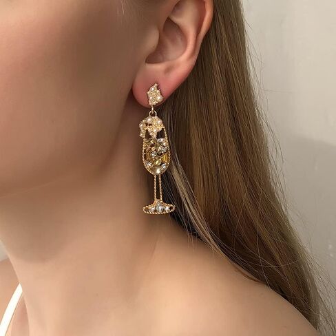 Champagne Wine Glass Dangling Stud Earrings Crystal Cubic Zirconia Pearl Cocktail Cup Dangle Charm Drop Earring Fashion Jewelry Gifts for Women Girls Daughter Sensitive Ears in Saudi Arabia