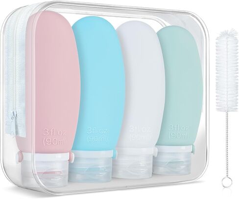 زجاجات السفر لأدوات الزينة، 4 عبوات من السيليكون بحجم 3 أونصة معتمدة من إدارة أمن المواصلات الأمريكية (TSA)، حاويات بحجم السفر لمستلزمات الزينة، زجاجات أدوات الزينة الرباعية المقاومة للتسرب والقابلة لإعادة الملء للشامبو والبلسم واللوشن in Kuwait