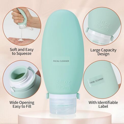 زجاجات السفر لأدوات الزينة، 4 عبوات من السيليكون بحجم 3 أونصة معتمدة من إدارة أمن المواصلات الأمريكية (TSA)، حاويات بحجم السفر لمستلزمات الزينة، زجاجات أدوات الزينة الرباعية المقاومة للتسرب والقابلة لإعادة الملء للشامبو والبلسم واللوشن in Kuwait