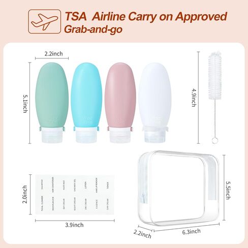 زجاجات السفر لأدوات الزينة، 4 عبوات من السيليكون بحجم 3 أونصة معتمدة من إدارة أمن المواصلات الأمريكية (TSA)، حاويات بحجم السفر لمستلزمات الزينة، زجاجات أدوات الزينة الرباعية المقاومة للتسرب والقابلة لإعادة الملء للشامبو والبلسم واللوشن in Kuwait