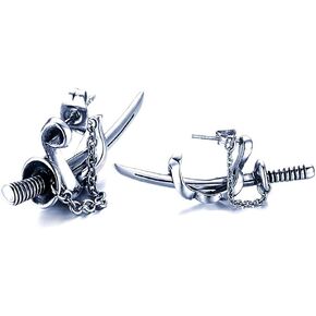Punk Stainless Steel Chain Sword Scabbard Stud Earrings for Man 2pcs ，with Velvet Jewelry Box