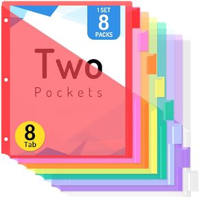 Forvencer 8 Tab Dividers with Pockets, 3 Ring Binder Organizer, Vibrant Color, 1 Set