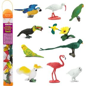Safari Ltd. Exotic Birds TOOB - 10 تماثيل: الببغاء، الكوازال، الببغاء، الطائر الطنان، الطوقان، الببغاء، فلامنغو، البومة الثلجية، الببغاء - شخصيات ألعاب تعليمية للأولاد والبنات والأطفال من سن 3 سنوات فما فوق