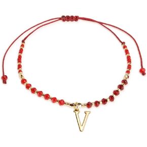 Red Gold Beaded Natural Stone Initial Bracelets for Women Teen Girls, Boho Handmade Personalized Ruby Gemstone Beads Letter Name Braided Rope Adjustable Bracelet Bohemian Jewelry Gift