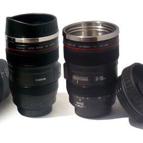 Lens Cup Travel Stainless Steel Black Mug Coffee Hot Cold Beverage Drinking Lid EF 24-105mm F/4.0 11 Oz. Camera Bag Accessory USB Drive and Memory Card Storage