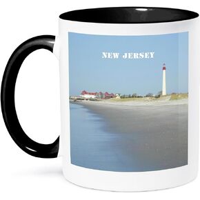 3dRose mug_80580_4 "Cape May New Jersey With Lighthouse n Beach" Two Tone Black Mug, 11 oz, Multicolor