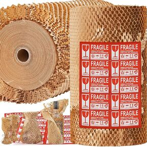 JARLINK Honeycomb Packing Paper, 15"x 400' Bubble Packing Wrap for Packing/Shipping/Moving, Eco-Friendly Bubble Packing Paper Wrapping Roll, Recyclable Moving Supplies With 20 Fragile Sticker Labels