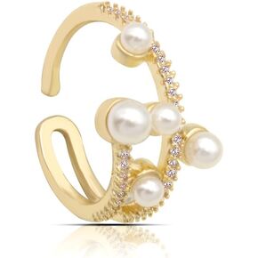 Vintage Crystal Pearl Rings for Women Girls,Stacking Promise Pearl Rings Adjustable Open Pearl Finger Ring Trendy Personality Pearl Statement Jewelry Gifts