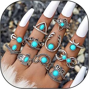Retro Turquoise Knuckle Rings Set for Women Men Stackable Silver Chunky Gothic Oval Rings Pack Joint Finger Stacking Nail Ring Jewelry Gifts