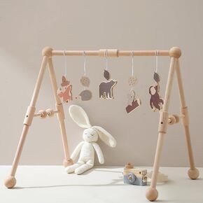 Wooden Baby Gym with 6 Gym Toys, Detachable Wooden Play Gym Frame Activity Gym Hanging Bar Baby Toys for Activity Gym, Ages Newborn + (Zoo Themes)
