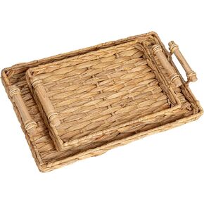Household Essentials Handwoven Water Hyacinth Rectangular Tray Set with Wood Handles, Natural, Set of 2