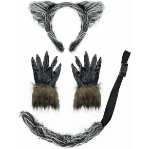 Werewolf Costume Set Wolf Ears Headband Tail Big Bad Wolf Claws Gloves for Adult Halloween Cosplay Party Dress-Up Kit