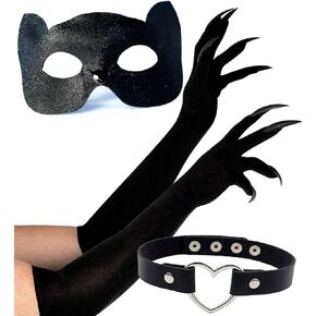 OLYPHAN Black Cat Mask Costume Accessories Cat Woman Costume for Women Halloween Masquerade Mask Adult, Claw Gloves & Lace Choker Necklace 3PC