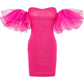 WDIRARA Girl's Off Shoulder Prom Dress Puff Sleeve Ruched Mesh Bodycon Birthday Party Mini Dresses