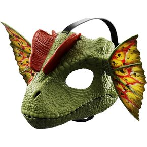 Mattel Jurassic World Role-Play Mask, Dilophosaurus with Venom Launching Water Feature, Sound & Adjustable Frill, Dinosaur Costume Headgear Toy