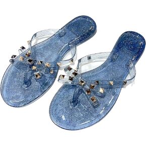 Women's Studded Bow Jelly Flat Flip Flops Fashion Comfort Open Round Toe Slip On Thong Slipper Sandals With Rivets for Summer Outdoor Beach Pool
