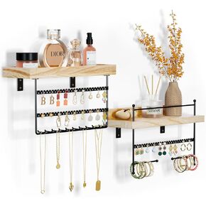 Lolalet Hanging Jewelry Organizer Wall Mount Jewelry Organizer with Earrings Holder Bracelets Holder Necklaces Hooks, Easy Install Free Combination Jewelry Holder for Wall Bathroom -Set of 2, Brown