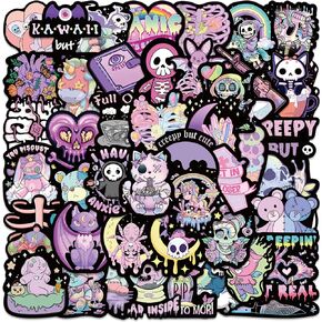 50pcs Goth Stickers for Kids Teens, Waterproof Vinyl Pastel Cartoon Skull Skeleton Stickers Decals for Water Bottle Laptop Skateboard Scrapbook, Gothic Horror Stickers