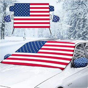 LoyaForba Car Windshield Snow Cover, American Flag Design Snow Ice Protection De-Frost Cover, Waterproof Windproof Sunshade Cover with Side Mirrors Cover, Universal Accessories Fits Most Cars (Red)