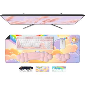 Cloud Wrist Rest Mousepad Set for Gaming Keyboard and Mouse(31.3x11.6in) XXLarge Desk Mat Gel Wrist Support,PU Soft Memory Foam,Back to School,Pain Relief,Non Slip Office Supplies for PC/Laptop-Pink