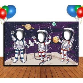 Astronauts in Space Hole in Face Cutout, 42 x 72 Inch Banner Backdrop, Photo Props, Party Supplies Decorations
