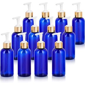 JUVITUS 4 oz / 120 ml Cobalt Blue Boston Round PET Plastic Empty Bottles Containers Dispenser (BPA Free) with (12 pack, Black Lotion Pump)