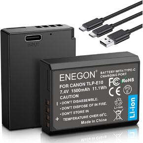ENEGON LP-E10 USB C Direct Charging Replacement Batteries 1500mAh (2-Pack) with 2 in 1 USB-C Charging Cable for Canon EOS Rebel T3, T5, T6 T7, Kiss X50, X70, EOS 1100D, EOS 1200D, EOS 1300D Cameras
