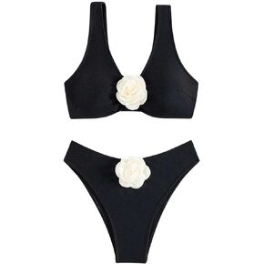 OYOANGLE Women's 2 Piece Bikini Swimsuit 3D Rose High Cut Bathing Suits Summer Fashion Swimwear