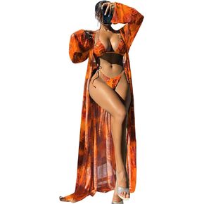 WDIRARA Women's 3 Piece Set Halter Print Tie Bikini Swimsuit with Long Kimono