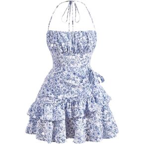 SOLY HUX Women's Floral Print Halter Tie Back Dress Ruffle Trim Flowy Casual Short Dresses
