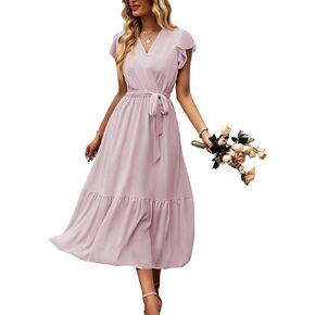 Bequemer Laden Women's Summer Floral Dress Wrap V Neck Short Sleeve Belted Ruffle Beach A-Line Bohemian Maxi Dresses