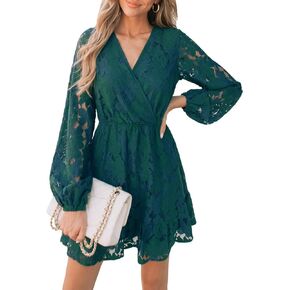 CUPSHE Women Elegant V Neck Lace Peasant Sleeves High Waist A-Lined Wedding Mini Dress