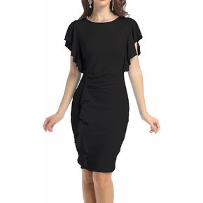 Women's Fashion Church Ruffle Sleeve Ruched Vintage Work Midi Pencil Dress
