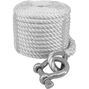 ISURE MARINE Solid Braid Nylon Marine Anchor Rope 3/8" x 75' White Anchor Line Boat Anchor Rope with Stainless Steel Thimble & Shackle