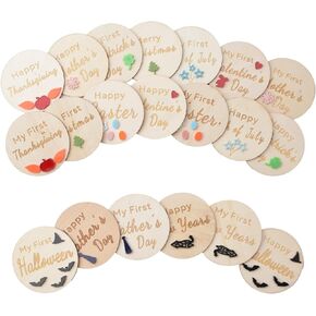 20 Pcs Wooden Baby Holiday Milestone Set, Happy Holiday Round Discs Baby Birth Announcement Sign First Holiday Growth Cards Photo Card Props Baby Shower