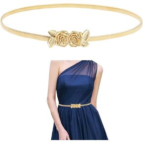 E-Clover Vintage Women Gold Metal Skinny Elastic Rose Buckle Dress Waist Belt