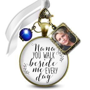 Wedding Bouquet Charm Grandma You Walk Beside Me Every Day 1 Photo Frame Antique Silver Memorial Keepsake Jewelry White Glass White Bead Bride's Memory of Grandmother DIY Picture Template