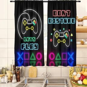 Gamer Kitchen Curtains Kids Boys Teen Gaming Black Colorful Funny Anime Small Short 27.5" W x 39" L Window Treatment Tiers for Bedroom Living Room Bathroom 2 Panels Grommet Rod Pocket Drapes