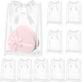 Aliceset 12 Pcs Clear Plastic Gift Bag with Die Cut Handles Reusable PP Favor Bag with Ribbon for Wedding Bridal Birthday Party Goodies Graduation Baby Shower Shopping Business, 7x10x3.15 Inch (Black)