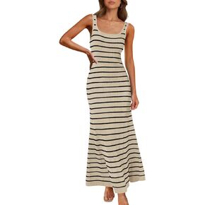 MEROKEETY Women's Sleeveless Striped Bodycon Maxi Dress Square Neck Ribbed Knitted Tank Sweater Dress