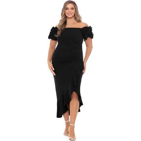 Xscape Women's Size Off The Shoulder Ruffle Sleeve Midi Dress (Plus)