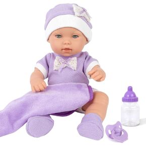 12 Inch Baby Doll Clothes and Accessories Set with Purple Jumpsuit, Hats, Socks, Bottles, Nipple, Blanket Gift Idea for Ages 3+