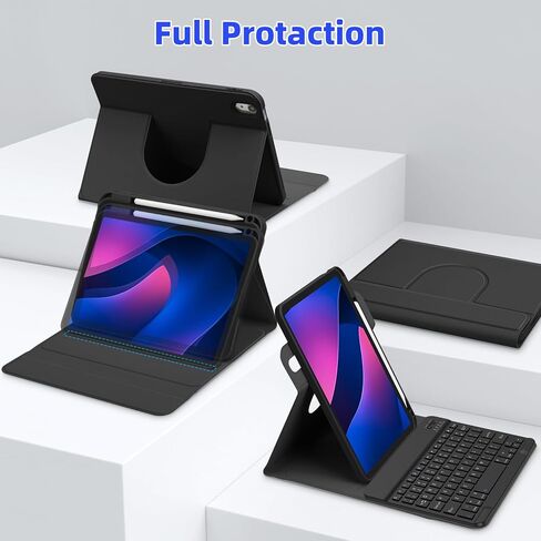 حافظة GOOJODOQ الجيل العاشر مع لوحة مفاتيح، iPad 10th Gen 10.9 بوصة 2022 حافظة دوارة ولوحة مفاتيح بلوتوث قابلة للفصل مع حامل قلم رصاص لإصدار 10.9 بوصة 2022 A2696 A2757 A2777-أسود in Kuwait