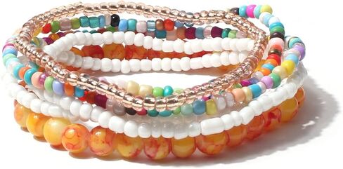 Caiyao 6Pcs Stackable Colorful Bohemian Beads Bracelet for Women Girls Multi Layer Handmade Boho Beads Layered Stretch Multistrand Bangles Bracelets Beach Anklets Summer Surfer Jewelry in Saudi Arabia