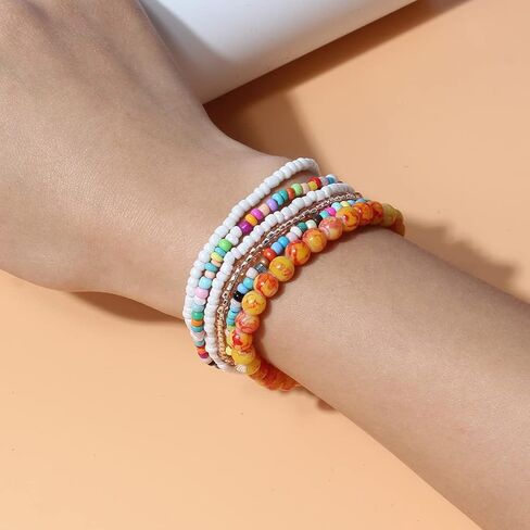 Caiyao 6Pcs Stackable Colorful Bohemian Beads Bracelet for Women Girls Multi Layer Handmade Boho Beads Layered Stretch Multistrand Bangles Bracelets Beach Anklets Summer Surfer Jewelry in Saudi Arabia